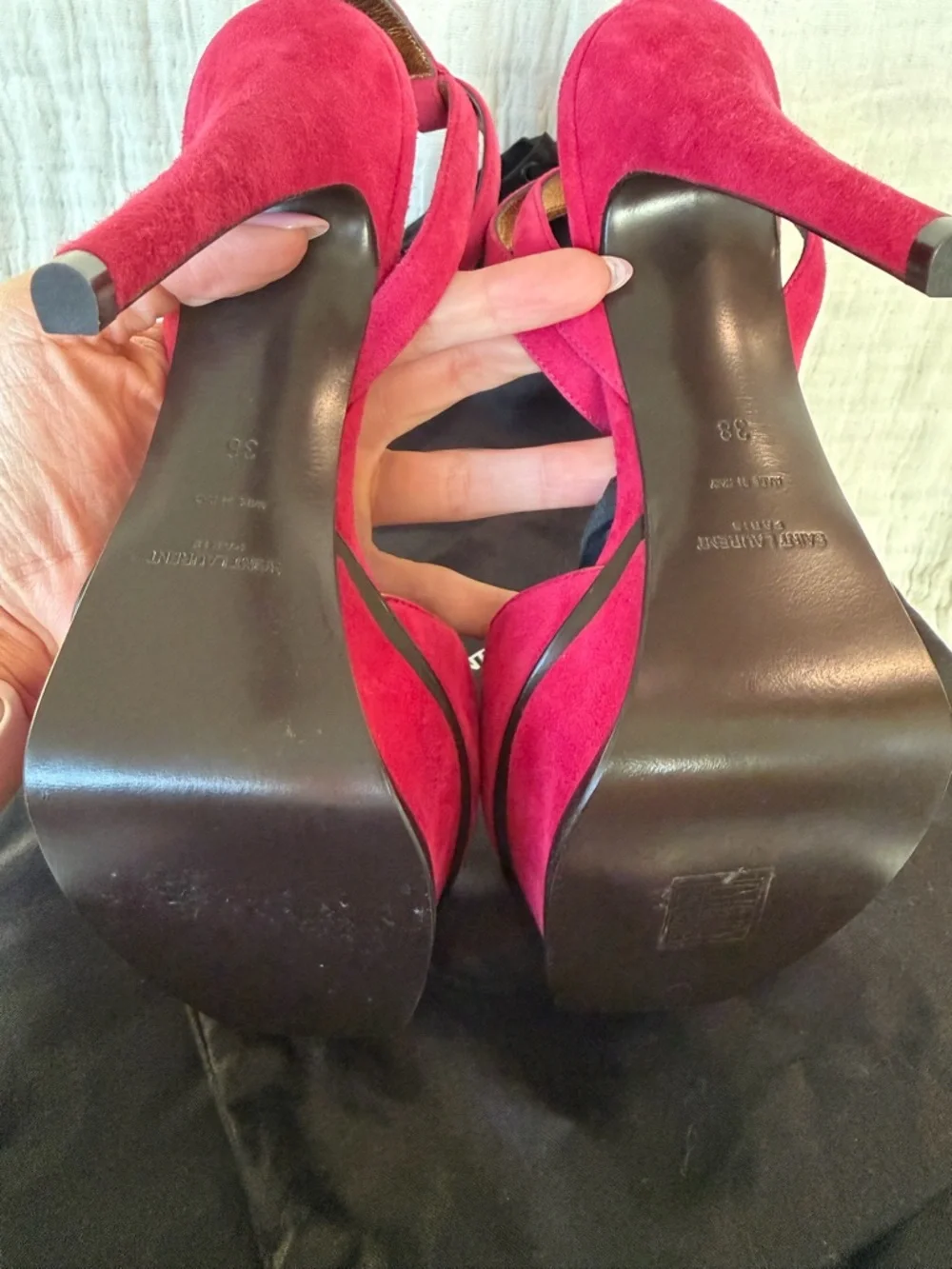 Saint Laurent Berry Red Suede Ankle-Strap Heels with Gold Trim - Picture 5 of 12
